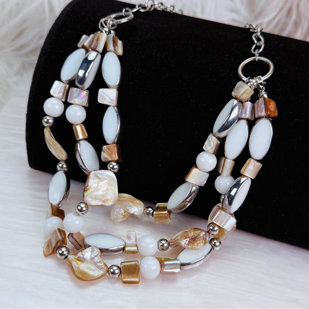 Vintage Silvertone Multi-Color Beaded three strand bohemian Island chic Necklace